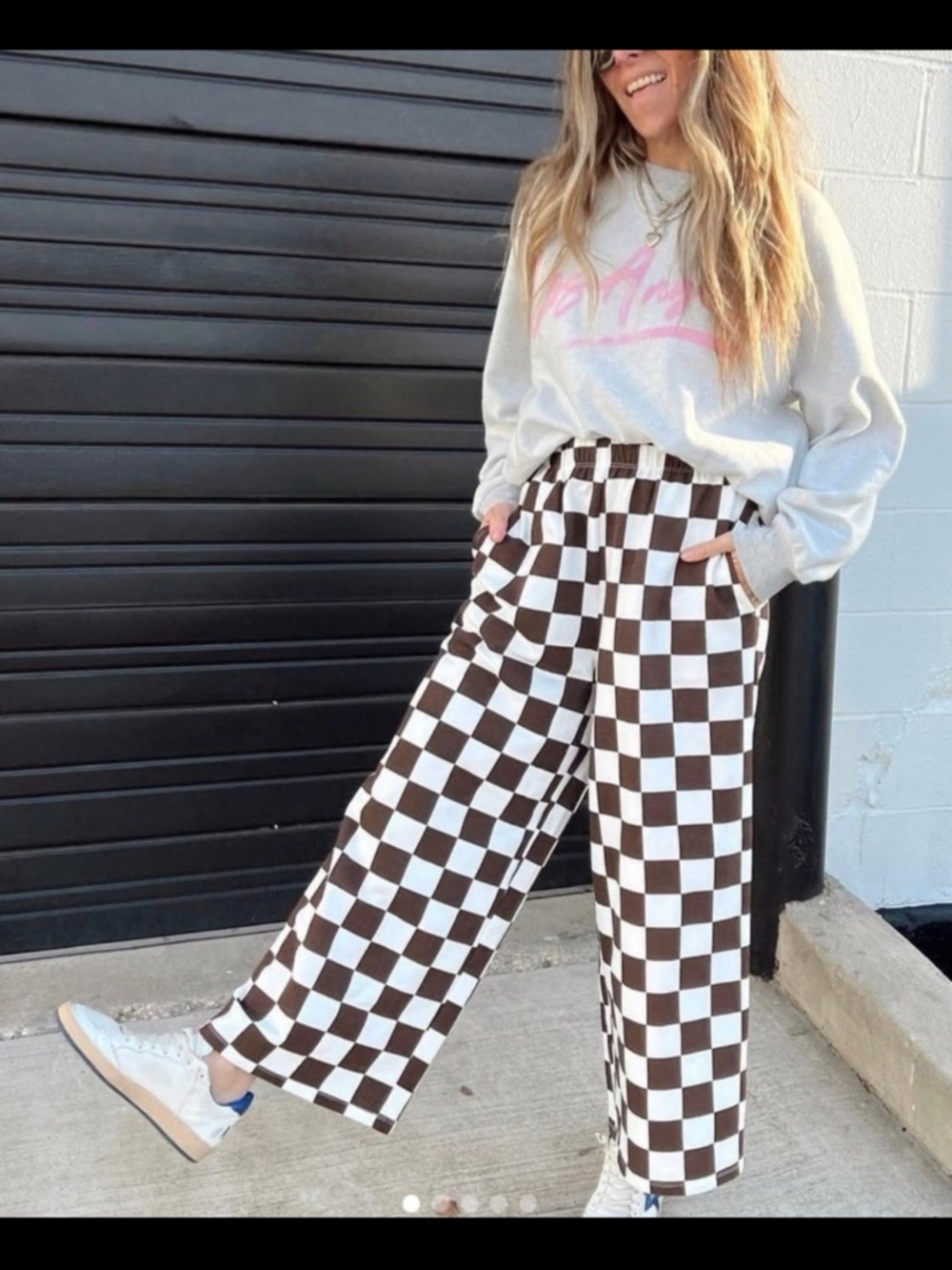 ASCOT & HART Wide Leg Checkerboard Pants in Brown & White